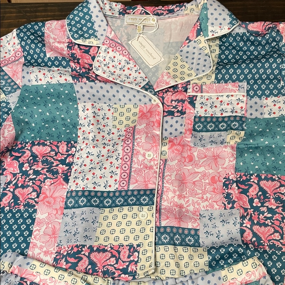 Simply Southern Patchwork Pajama Set - Pink & Teal - Ruffle Shorts w/ Pockets - Picture 4 of 10